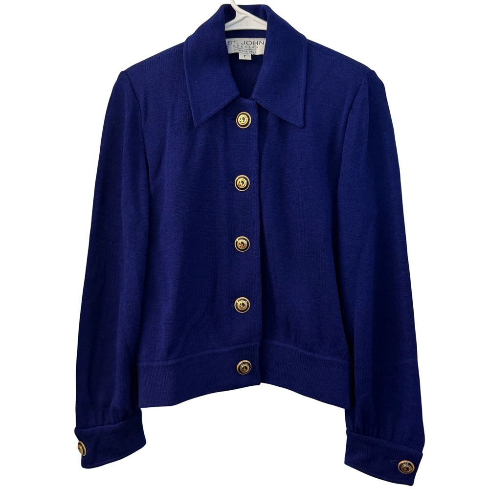 St. John Evening Marie Gray Royal Blue Santana Knit Crest Jacket Petite P Luxury
